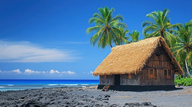 Tropical beach hut on dark volcanic shore - Powered by Adobe