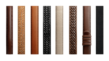 Nine watch strap samples isolated on transparent background