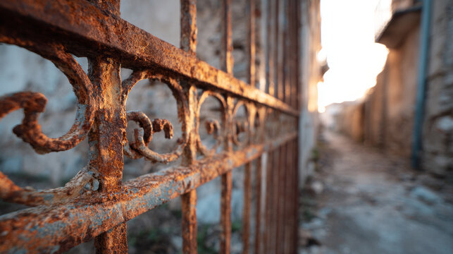 Rusty metal gate with ornate scrollwork opens to an ancient mysterious street at golden hour