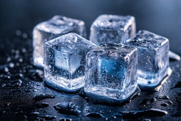 Close-up of ice cubes glistening on a dark, wet surface
