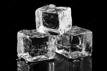 Three clear ice cubes stacked on a glossy black background
