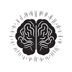 Abstract black and white human brain illustration with radiating lines, symbolizing ideas, intelligence, or thought process. Vector graphic design element.