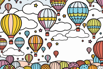 Colorful Hot Air Balloons- Sky Scene with Clouds & Stars- Whimsical Illustration for Kids- Playful Balloon Pattern- Travel & Adventure Theme- Cute Cartoon Artwork
