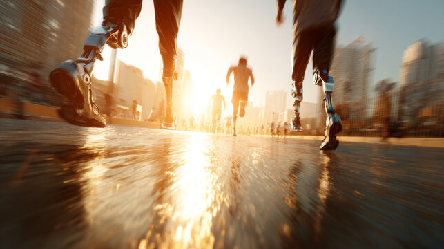 Dedicated runner with futuristic prosthetic limb shows determination on city street at sunrise