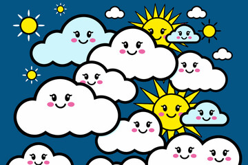 Naklejka premium Cute Cartoon Clouds and Suns Wallpaper for Kids - Whimsical Sky Background with Smiling Clouds - Sunny Weather Illustration for Children's Room Decor