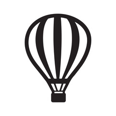 Black and white hot air balloon vector icon or illustration, a simple graphic design element representing travel or adventure.