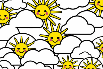 Cute Cartoon Sun and Clouds Pattern- Whimsical Sky Design- Sunny Weather Illustration- Happy Sun Faces with White Clouds- Playful Kids Wallpaper Background