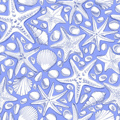 Seamless pattern with seashells, starfish and pebbles. Marine pattern with white sea animals on blue background. Cute ocean background. Sketch Hand drawn illustration. Vector