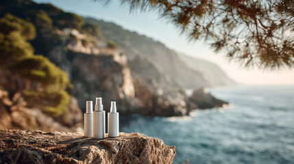 Fototapeta premium White product bottles coastal cliff. Ocean view creates fresh, serene feeling