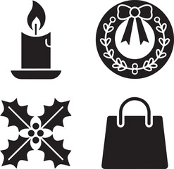 Festive Holiday Icons Featuring a Candle, Wreath, Holly, and Shopping Bag for Christmas Season Elements