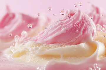 Creamy pink and white ice cream with droplets on top