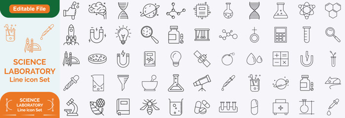 Laboratory and Science line editable icon set. Containing experiment, test tube, microscope, flask, chemical, biology, research, lab and more. Editable stroke. Vector illustration