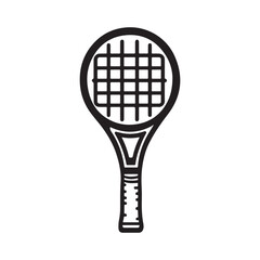 Black and white vector illustration of a tennis racket icon, isolated on a white background, representing sports and leisure.