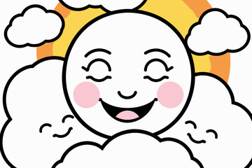 Obraz premium Cute Sun and Clouds Cartoon Illustration- Smiling Sun Character with Pink Cheeks- Whimsical Weather Art for Kids- Happy Sun Design for Children's Decor