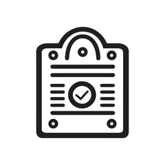 Black and white vector icon of a document or checklist with a checkmark symbol, ideal for business or task management concepts.