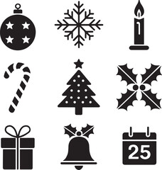 Festive Christmas Icons Set Black and White Collection Featuring Traditional Holiday Symbols and Motifs for Celebration and Decoration