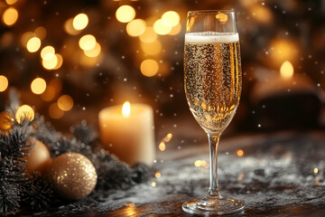 Festive champagne toast, New Year's celebration. Sparkling wine in elegant glass, candlelight, Christmas ornaments, bokeh lights, winter scene.