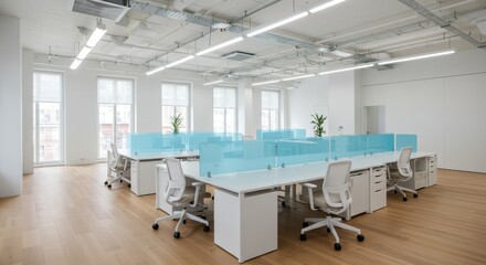 Modern Open Plan Office Space With Desks and Chairs and Blue Partitions