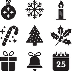 Festive Christmas Icons Depicting Holiday Ornament, Snowflake, Calendar, Candy Cane, Candle, Bell, Tree, Holly Berry, and Gift Box