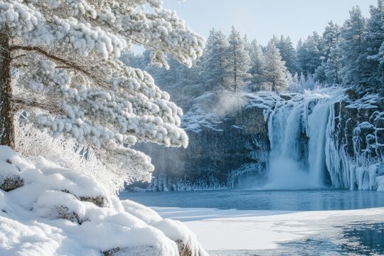 Serene winter scene with a frozen waterfall in a snowy forest