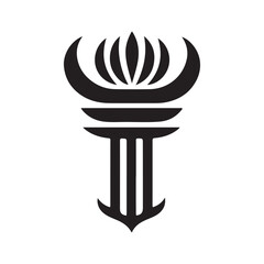 Black and white graphic symbol resembling a stylized torch or lotus flower on a pillar, a clean vector illustration.