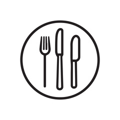 Black and white line art illustration of a fork and two knives inside a circle, depicting a restaurant or dining symbol.