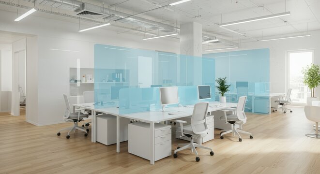 Modern open plan office space with individual workstations and calming blue privacy screens creating distinct work zones