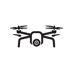 Black and white vector illustration of a drone icon with a camera, representing technology and aerial photography.
