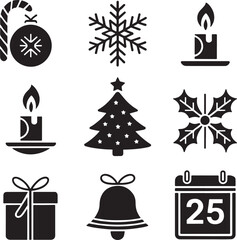 Festive Christmas Icons Displaying Traditional Holiday Symbols and Decorations, including a Christmas Tree, Bell, Calendar and Candy Cane