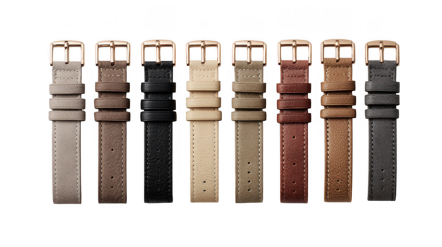 Eight leather watch straps in various colors isolated on transparent background