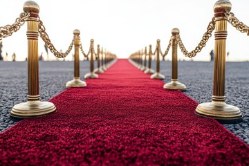 Elegant red carpet lined with golden stanchions on a clear pathway