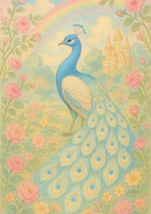 Obraz premium Elegant peacock amidst floral paradise.