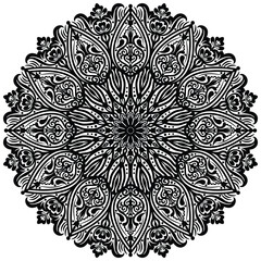 Decorative pattern in oriental style. Black complex doodle mandala on a transparent background, for printable coloring book.   
