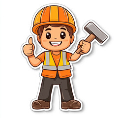 Fototapeta premium A cute, cartoon construction worker, wearing a hard hat and safety vest, holds a hammer. 