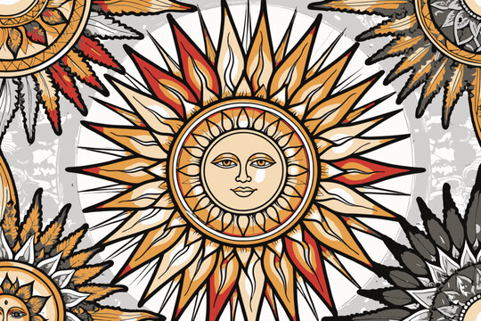 Mystical Sun Art-Vintage Sun Face Illustration-Celestial Themed Background-Ancient Sun Deity Image-Ornate Solar Design with Detailed Rays and Facial Features
