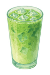 Iced matcha latte in watercolor style. Vector isolated on white background. 