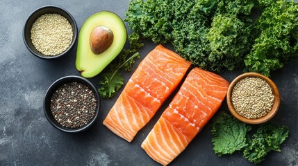 Healthy food ingredients arranged on a dark surface