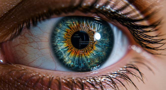 Detailed macro view of a human eye with a blue green and amber iris eyelashes and pupil
