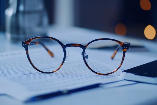 Tortoiseshell glasses on paperwork with a pen and smartphone nearby - Powered by Adobe