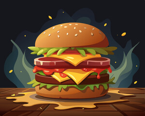 Juicy Double Cheeseburger with Melted Cheese and Sauce on Wooden Table