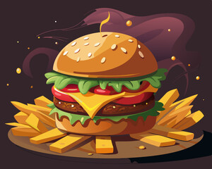 Juicy Cheeseburger with Golden French Fries on a Dark Background