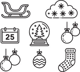 Festive Christmas Icons Featuring a Sleigh, Calendar, Snowglobe, Ornaments, Stocking, and Snowy Cloud in Black and White