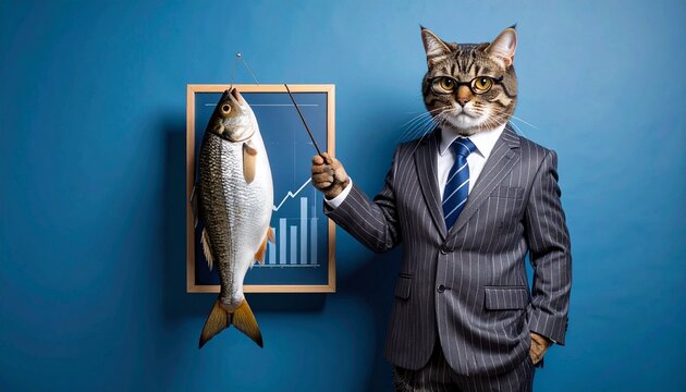 Cat CEO in Pinstripe Suit Presenting Quarterly Fish Chart on Smooth Steel-Blue Gradient Backdrop