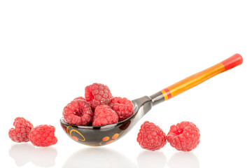 Fresh sweet raspberries isolated on white background, macro.	
