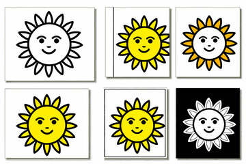 Smiling Sun Face Illustrations-Black and White & Color Options-Graphic Design Elements-Cute Sun Icons for Kids-Simple & Modern Sunshine Images-Vector Graphics Collection