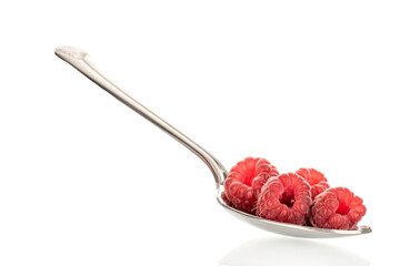 Fresh sweet raspberries isolated on white background, macro.	

