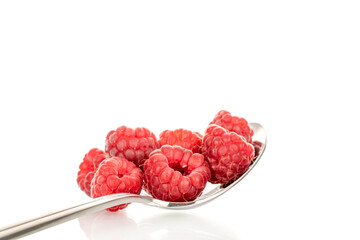 Fresh sweet raspberries isolated on white background, macro.	
