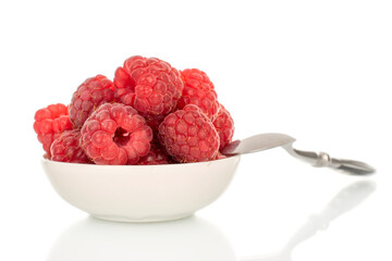 Fresh sweet raspberries isolated on white background, macro.	

