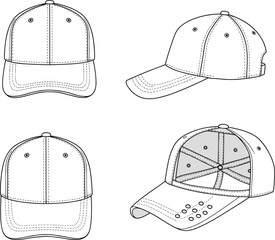 Baseball cap technical sketch, front, side, back, and inside views, structured brim and panel details, adjustable design garment illustration template