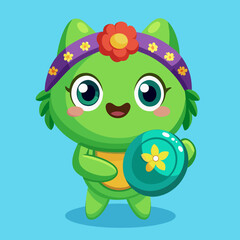 Cute Cartoon Character with Flower headband and Ball
